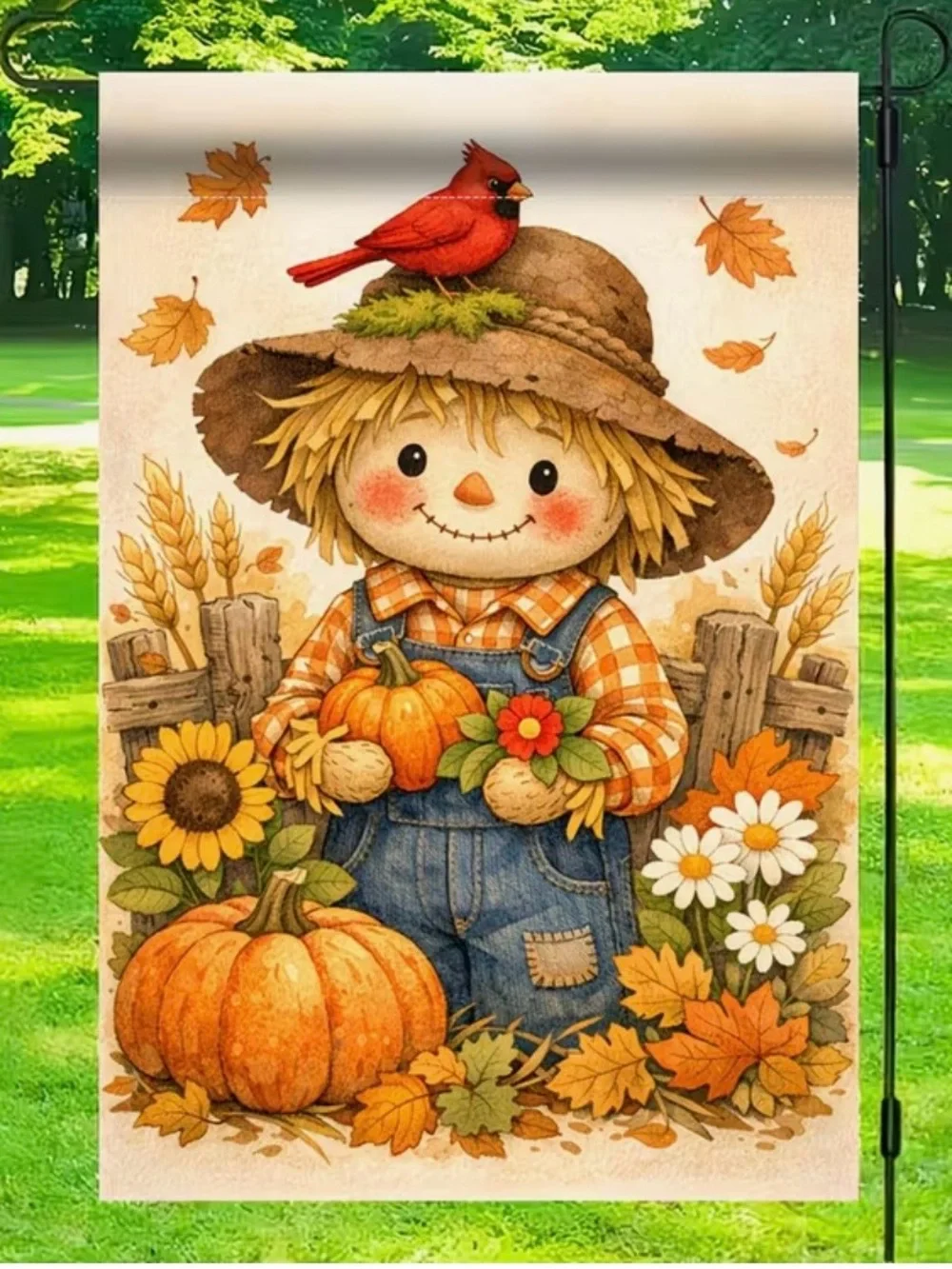 Cute Autumn Scarecrow Garden Flag with Cardinal and Pumpkins Sunflowers Leaves